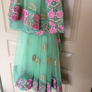 Green pink gold Saree